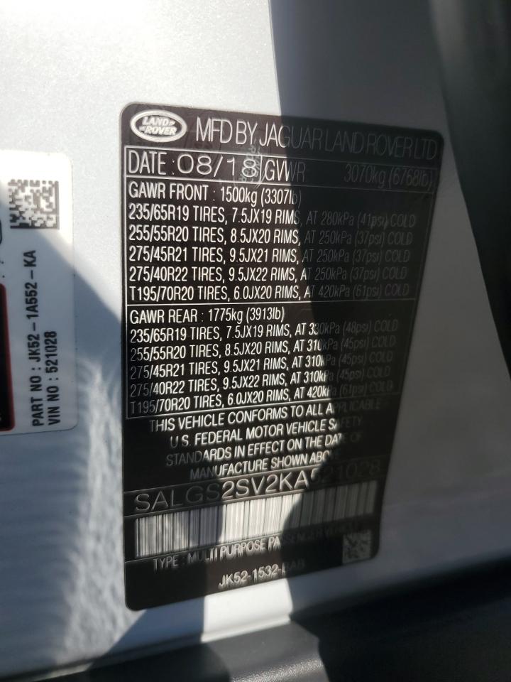 2019 Land Rover Range Rover Hse VIN: SALGS2SV2KA521028 Lot: 85659095
