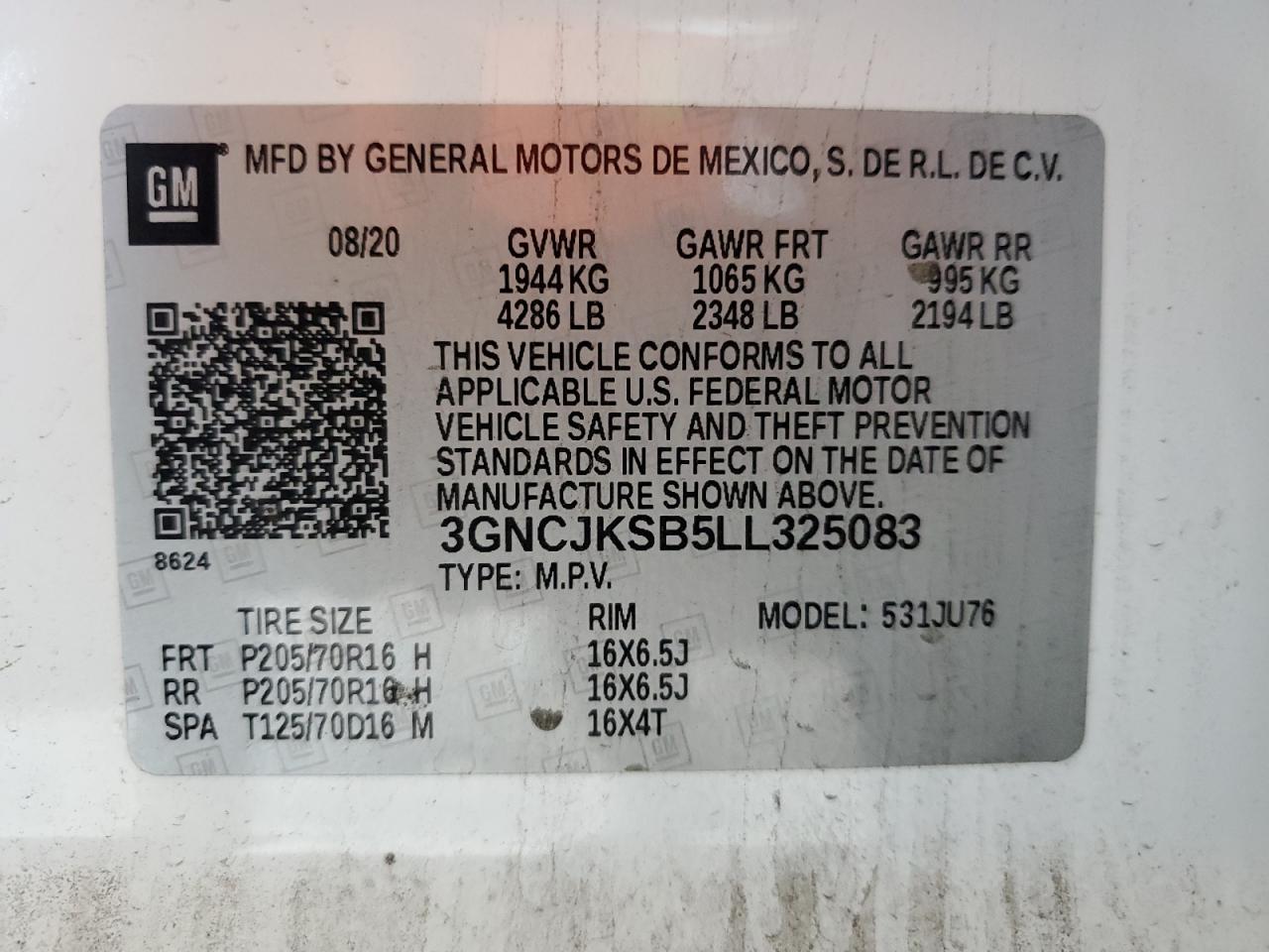 2020 Chevrolet Trax Ls VIN: 3GNCJKSB5LL325083 Lot: 82100625