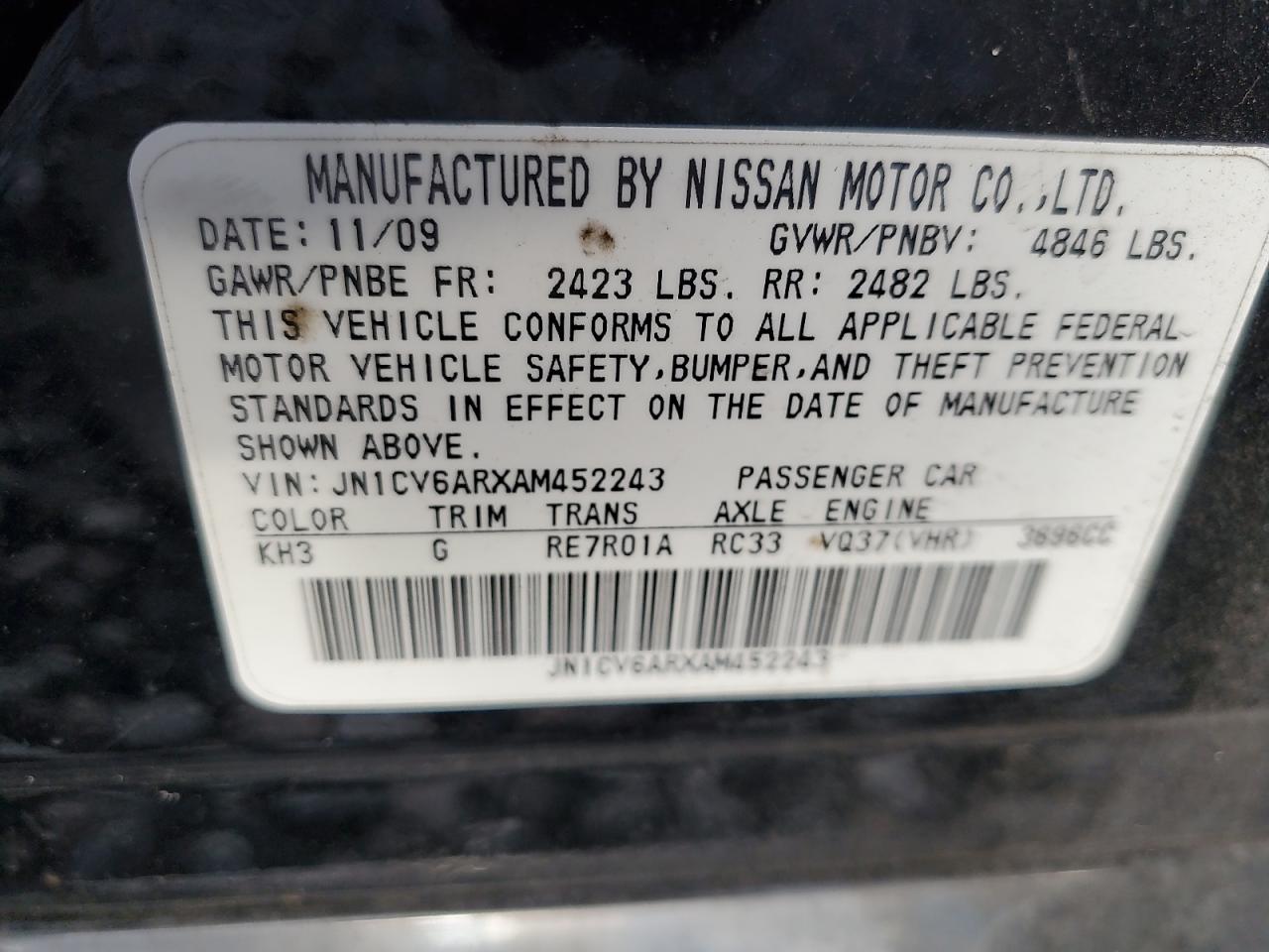 2010 Infiniti G37 VIN: JN1CV6ARXAM452243 Lot: 90432075