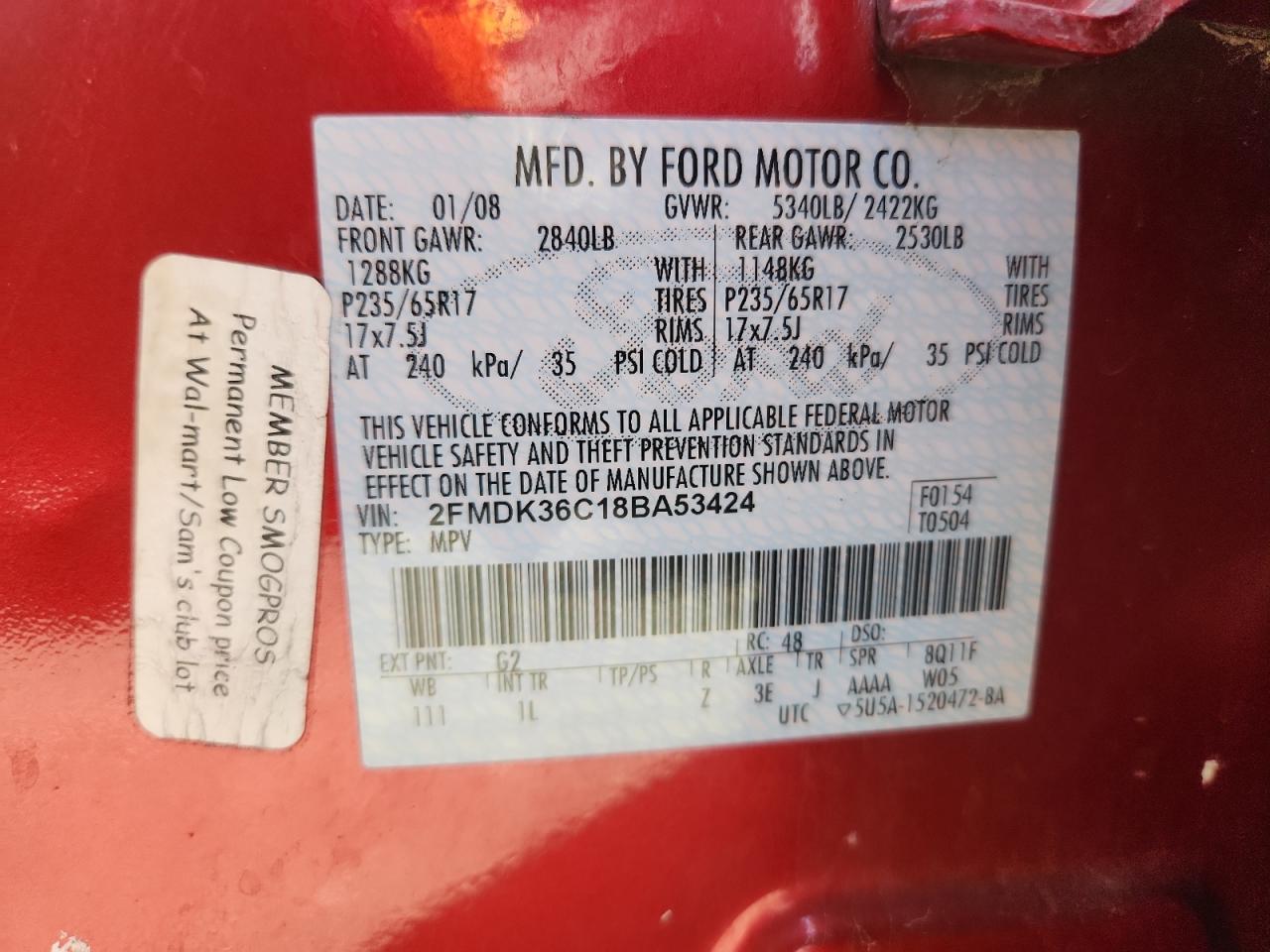 2008 Ford Edge Se VIN: 2FMDK36C18BA53424 Lot: 86102485