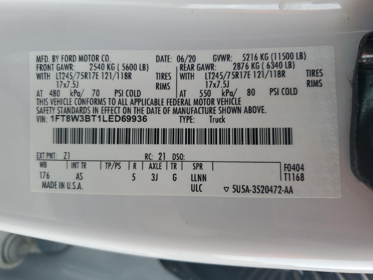 2020 Ford F350 Super Duty VIN: 1FT8W3BT1LED69936 Lot: 85877405