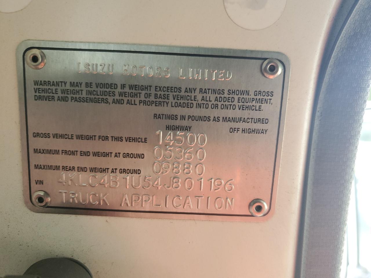 2004 Isuzu Npr VIN: 4KLC4B1U54J801196 Lot: 85313685