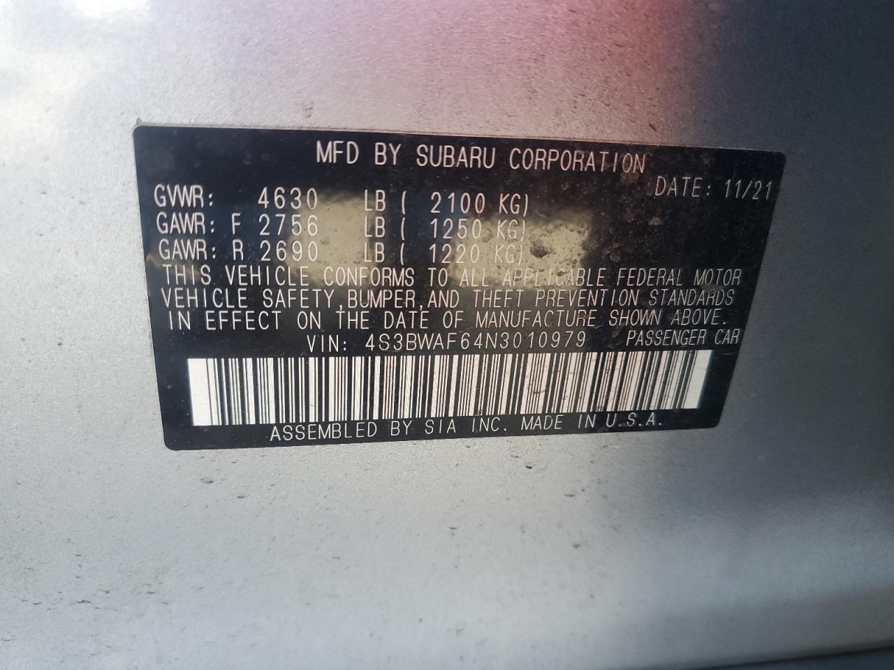 2022 Subaru Legacy Premium VIN: 4S3BWAF64N3010979 Lot: 84569055