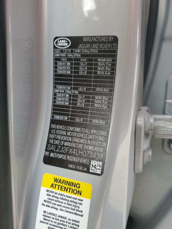 2020 Land Rover Range Rover Evoque S VIN: SALZJ2FX4LH073438 Lot: 84055695