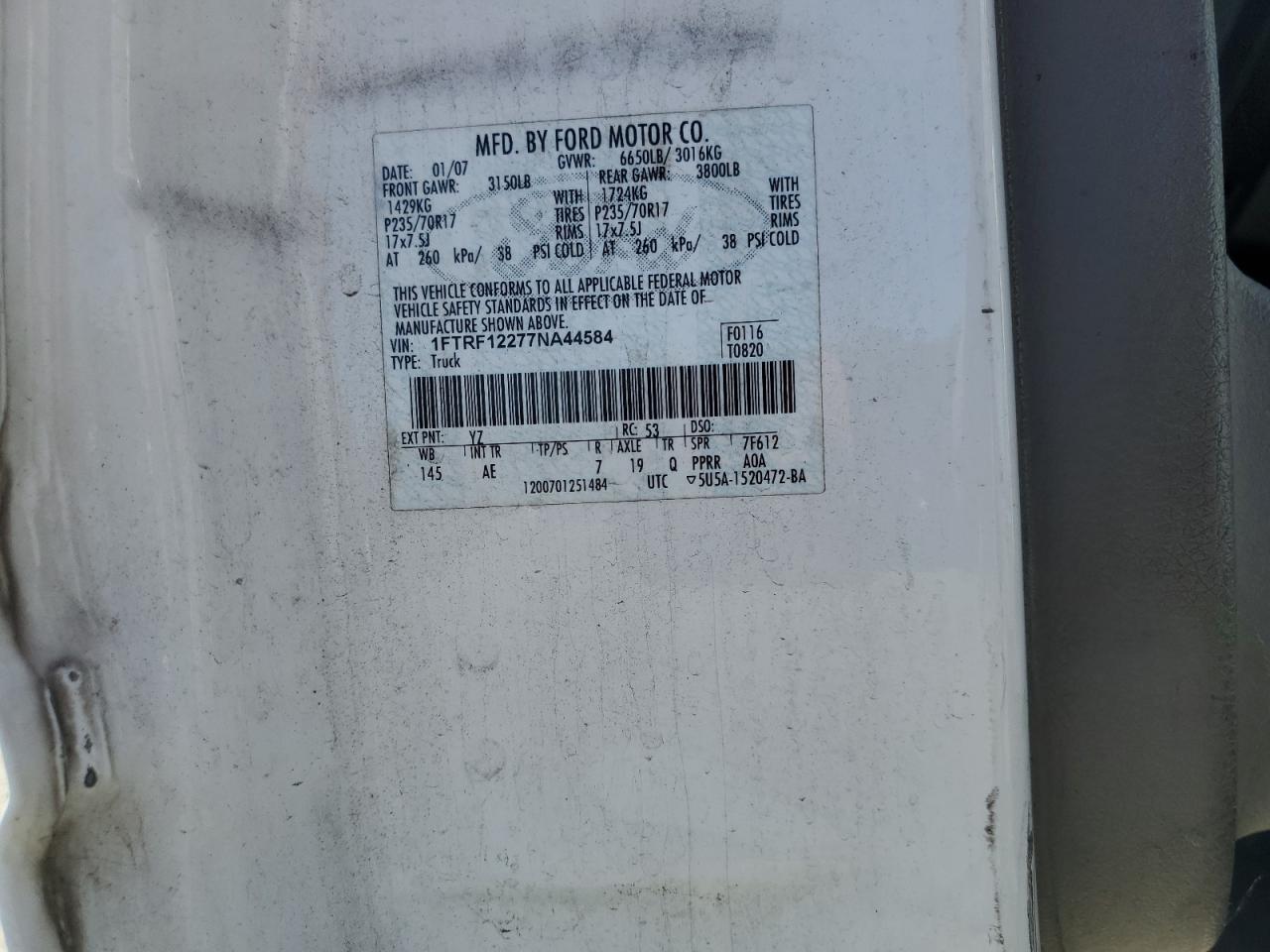 2007 Ford F150 VIN: 1FTRF12277NA44584 Lot: 84471415