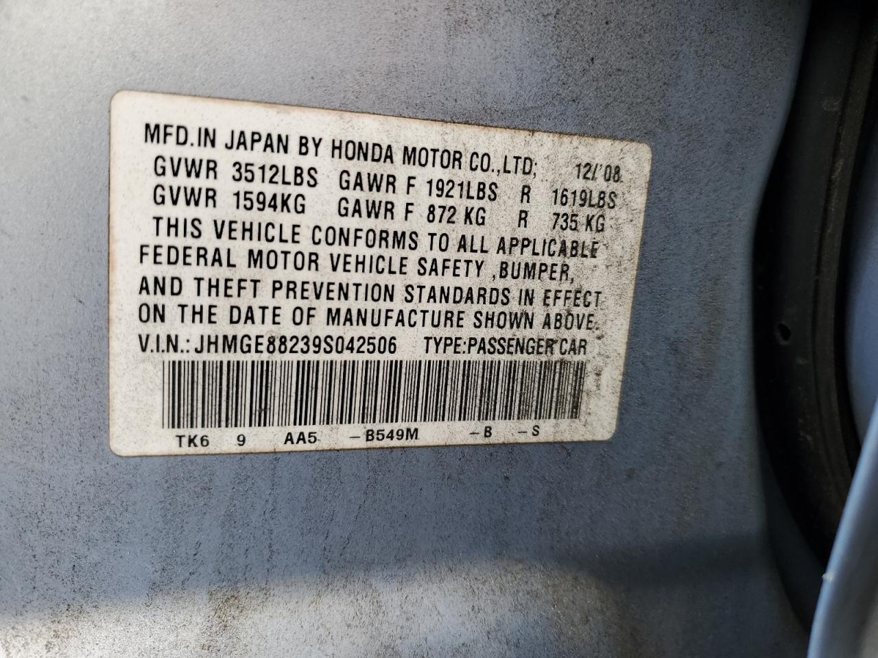 2009 Honda Fit VIN: JHMGE88239S042506 Lot: 82356635