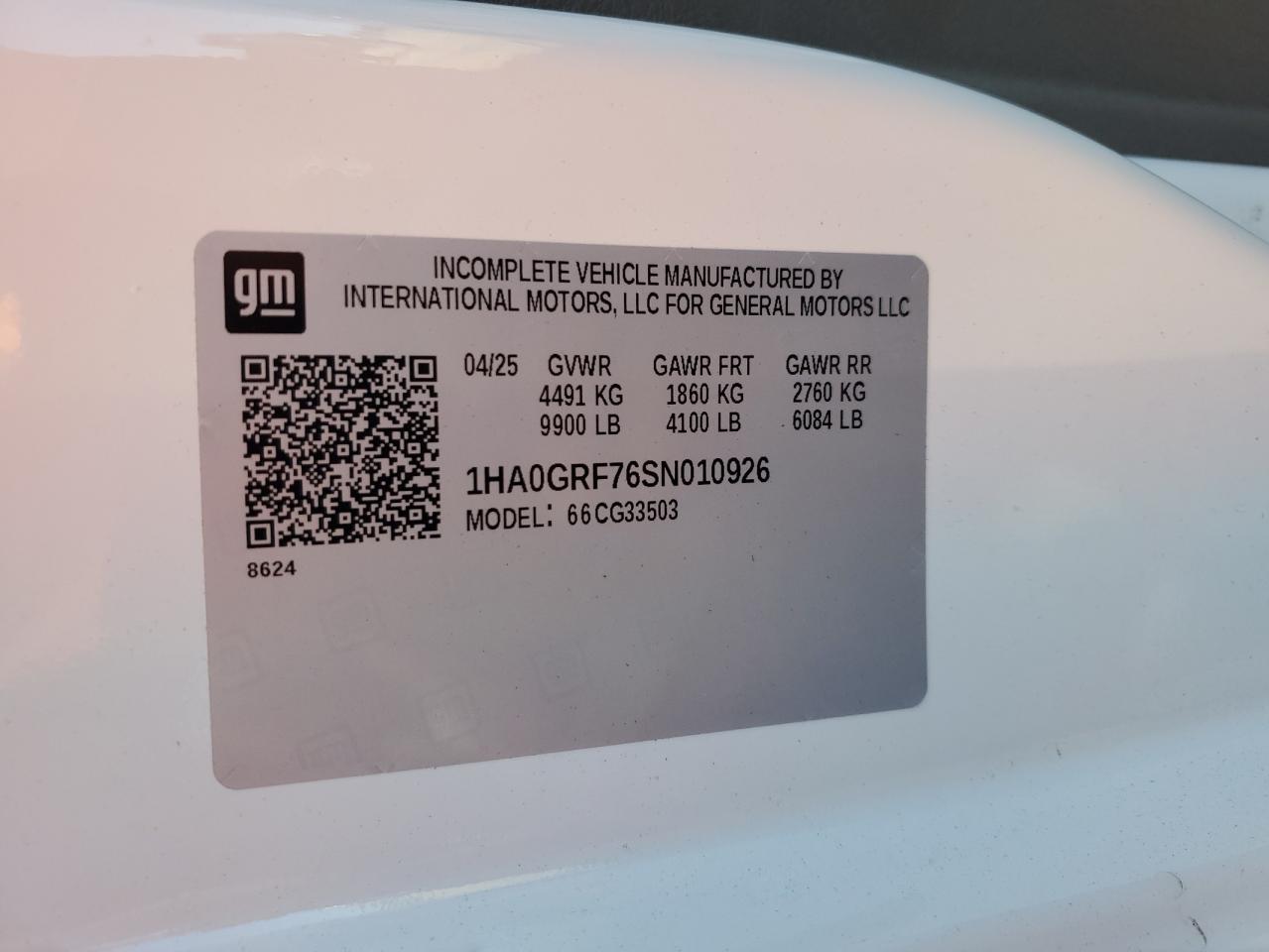 2025 Chevrolet Express G3500 VIN: 1HA0GRF76SN010926 Lot: 85848265