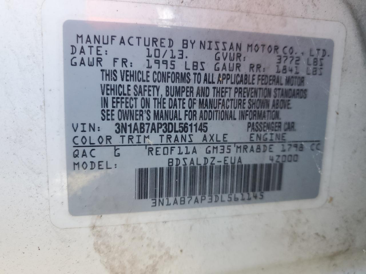 2013 Nissan Sentra S VIN: 3N1AB7AP3DL561145 Lot: 86121625