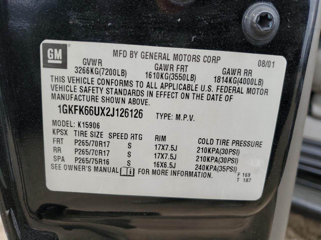 2002 GMC Denali Xl K1500 VIN: 1GKFK66UX2J126126 Lot: 86160135