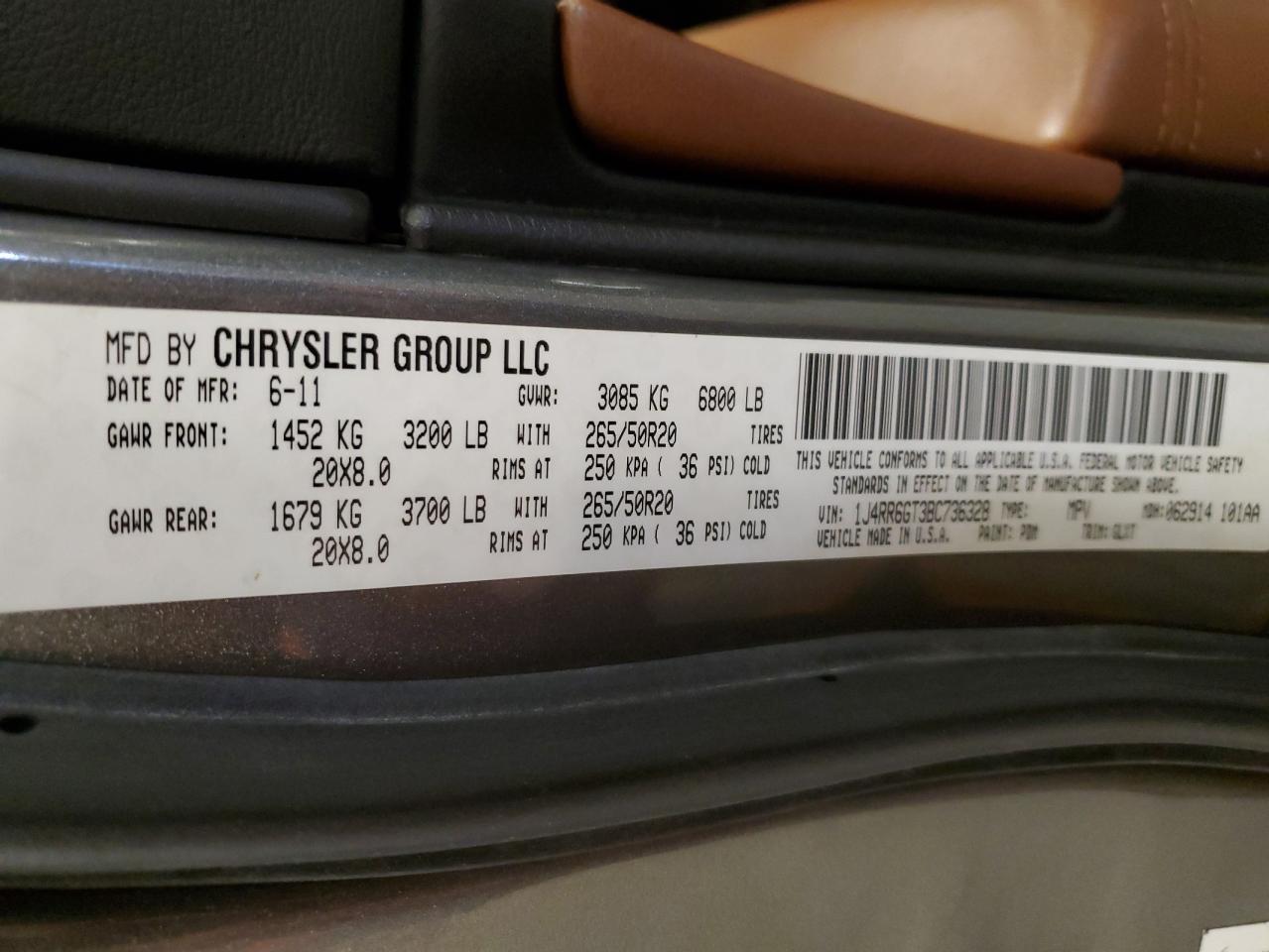 2011 Jeep Grand Cherokee Overland VIN: 1J4RR6GT3BC736328 Lot: 85365985