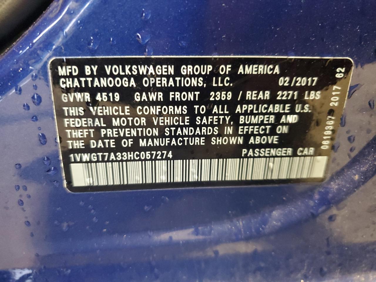 2017 Volkswagen Passat Se VIN: 1VWGT7A33HC057274 Lot: 85476055