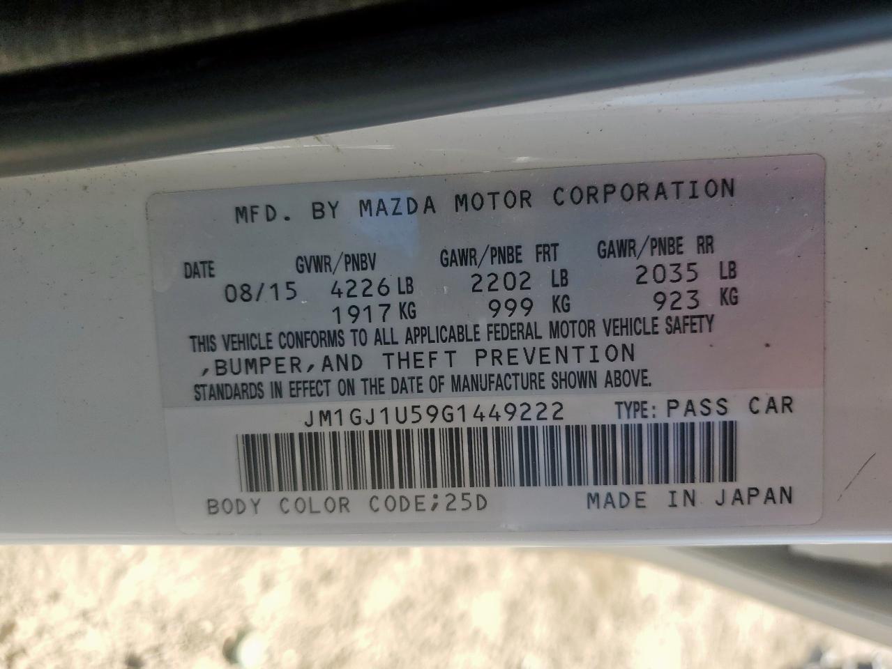 2016 Mazda 6 Sport VIN: JM1GJ1U59G1449222 Lot: 85367425