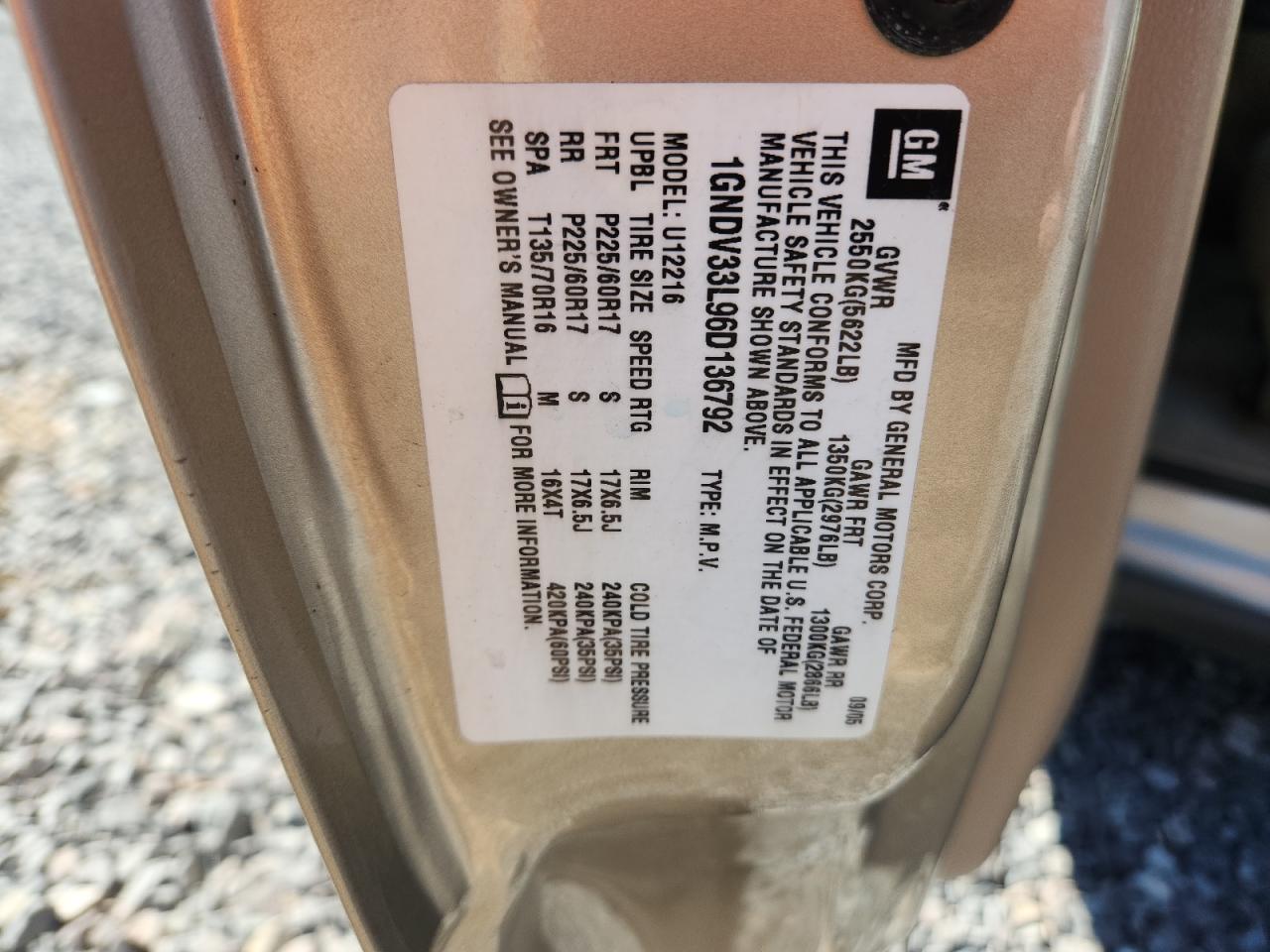 2006 Chevrolet Uplander Lt VIN: 1GNDV33L96D136792 Lot: 82708965