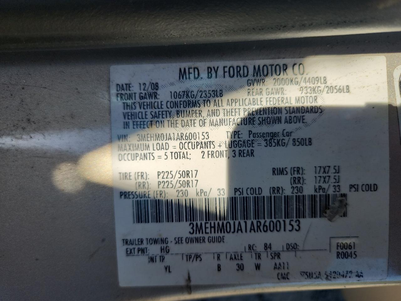 2010 Mercury Milan Premier VIN: 3MEHM0JA1AR600153 Lot: 85748325