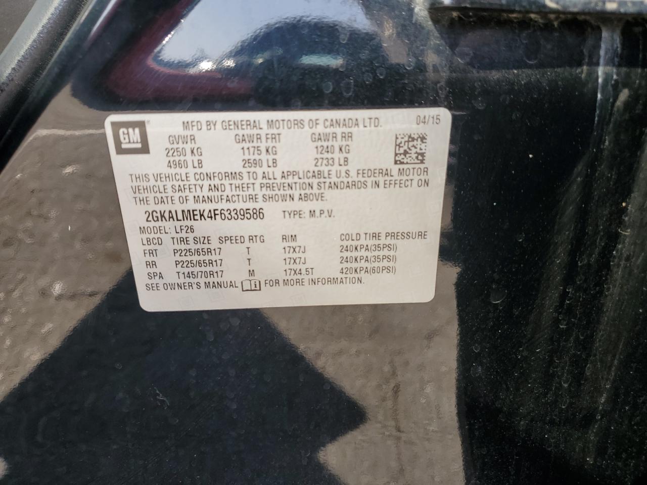 2015 GMC Terrain Sle VIN: 2GKALMEK4F6339586 Lot: 82197045