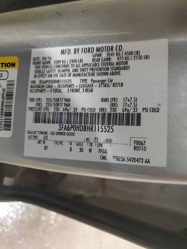 2017 Ford Fusion Se VIN: 3FA6P0HD8HR115525 Lot: 90103345