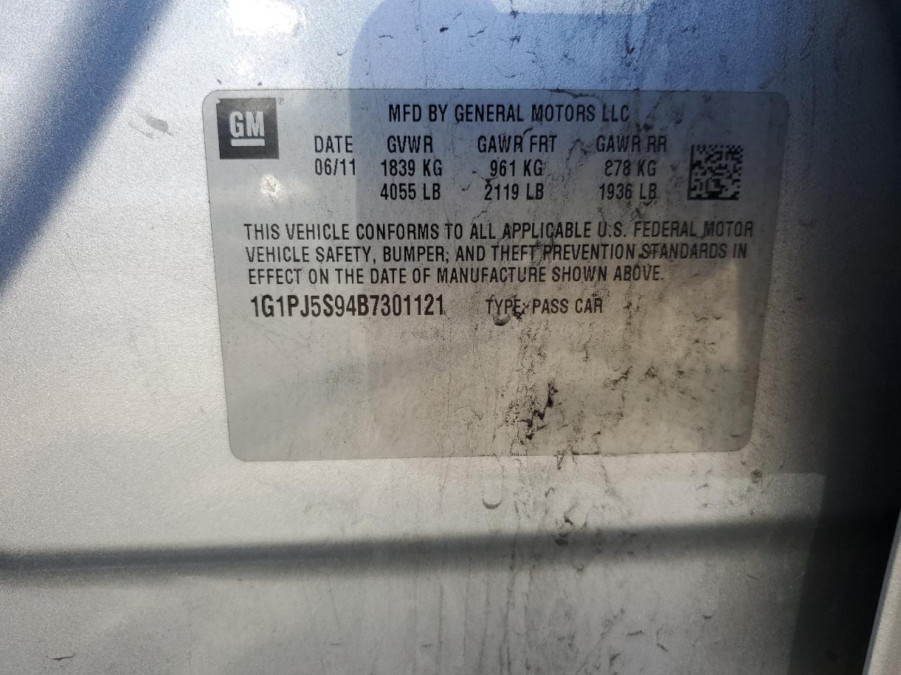 2011 Chevrolet Cruze Eco VIN: 1G1PJ5S94B7301121 Lot: 81994455