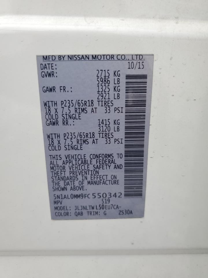 2015 Infiniti Qx60 VIN: 5N1AL0MM9FC550342 Lot: 85172755