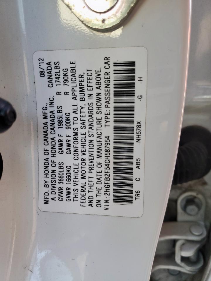 2012 Honda Civic Lx VIN: 2HGFB2F54CH587954 Lot: 86081445