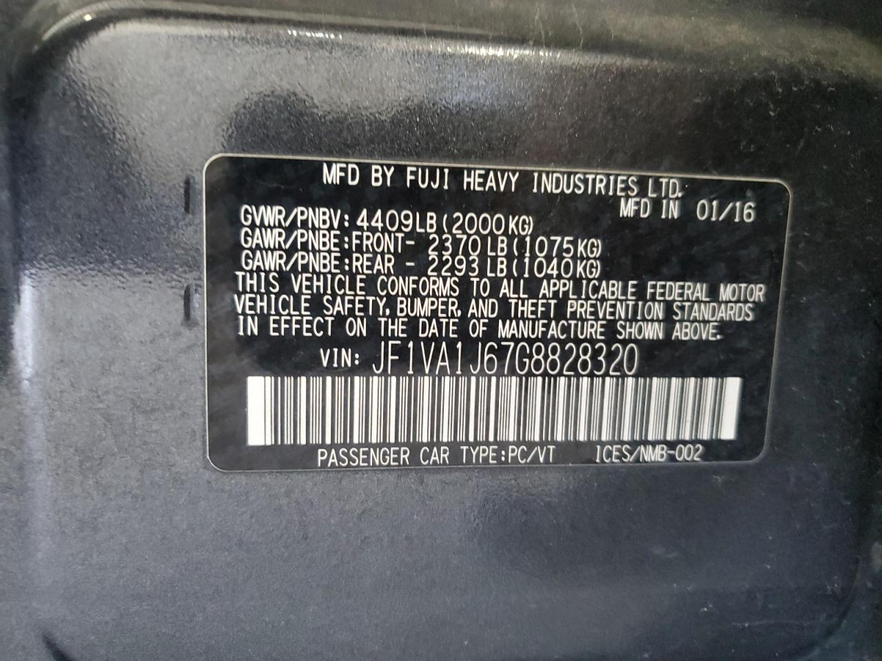 2016 Subaru Wrx Limited VIN: JF1VA1J67G8828320 Lot: 85694545