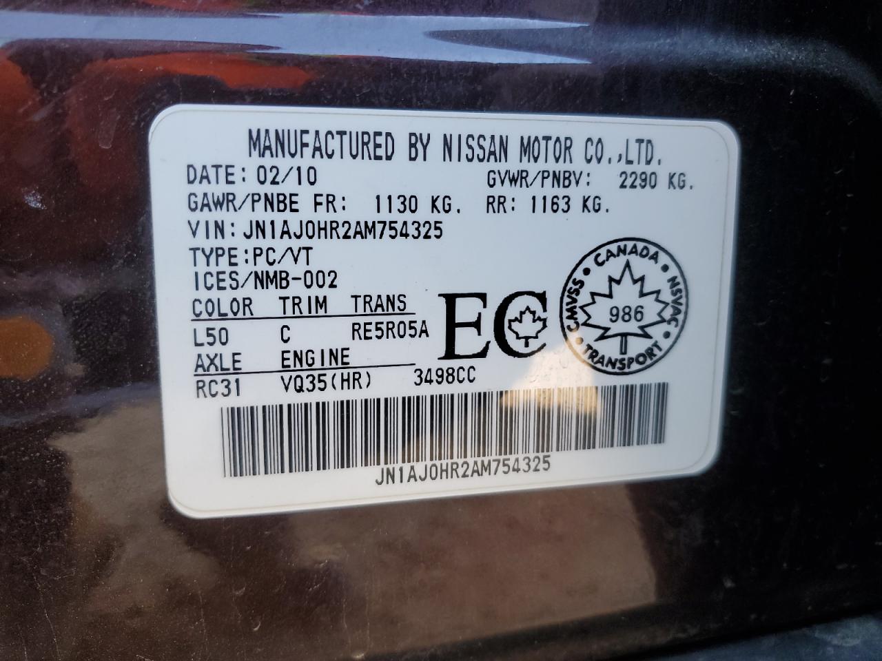 2010 Infiniti Ex35 Base VIN: JN1AJ0HR2AM754325 Lot: 82125555