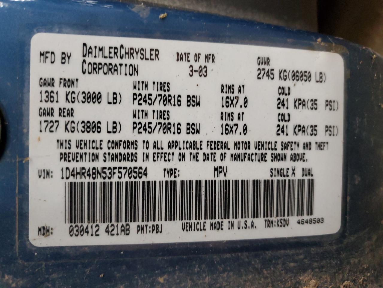 2003 Dodge Durango Slt VIN: 1D4HR48N53F570564 Lot: 89682885