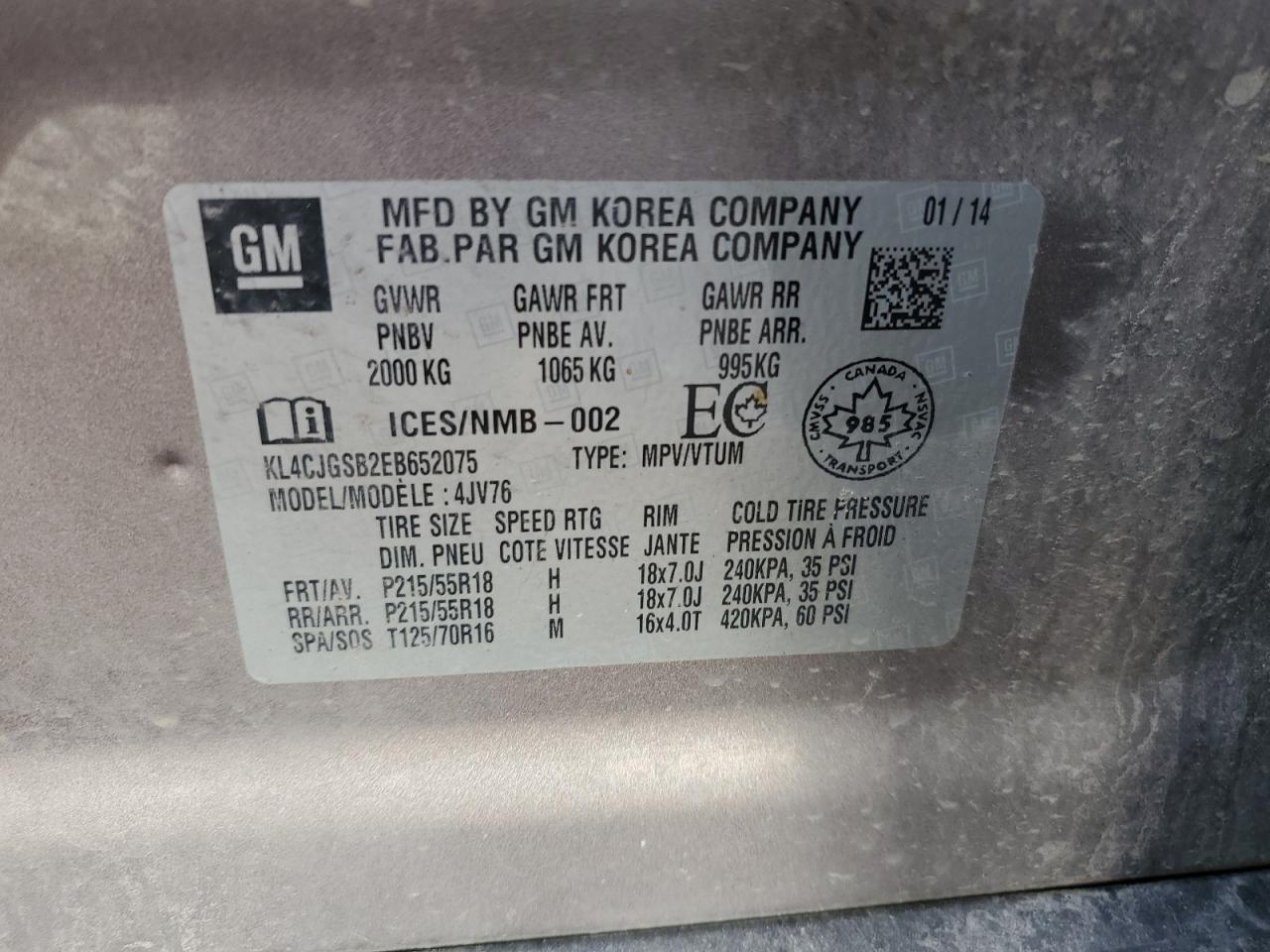 2014 Buick Encore VIN: KL4CJGSB2EB652075 Lot: 84939255