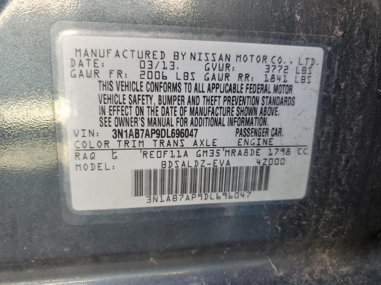 2013 Nissan Sentra S VIN: 3N1AB7AP9DL696047 Lot: 89868715