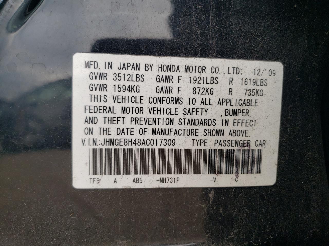 2010 Honda Fit Sport VIN: JHMGE8H48AC017309 Lot: 82322385