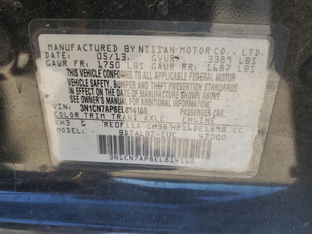 2014 Nissan Versa S VIN: 3N1CN7AP8EL814168 Lot: 82470875