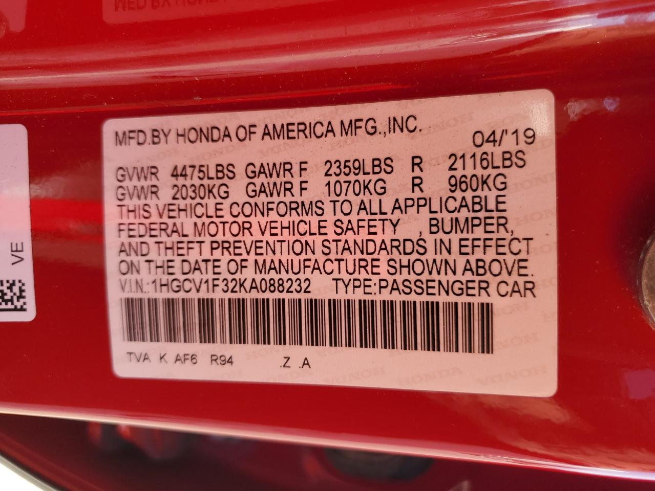 2019 Honda Accord Sport VIN: 1HGCV1F32KA088232 Lot: 81961145