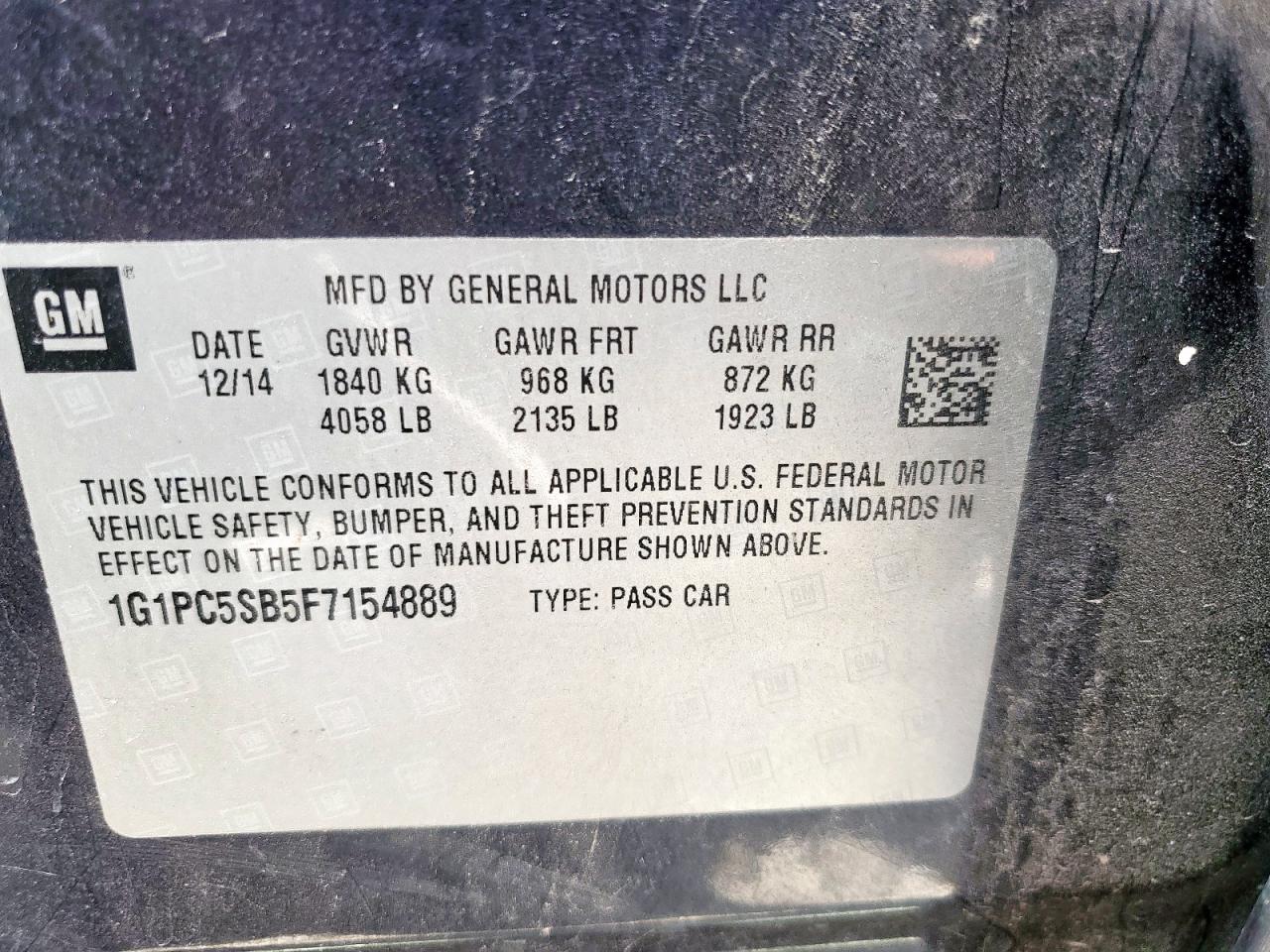 2015 Chevrolet Cruze Lt VIN: 1G1PC5SB5F7154889 Lot: 85129705