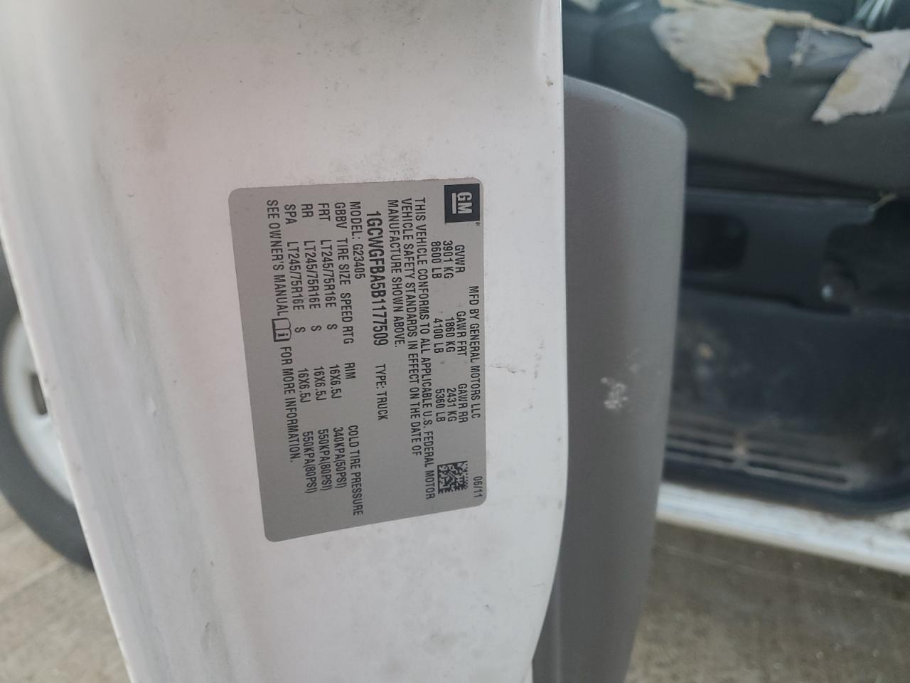 2011 Chevrolet Express Delivery Van VIN: 1GCWGFBA5B1177509 Lot: 86628035