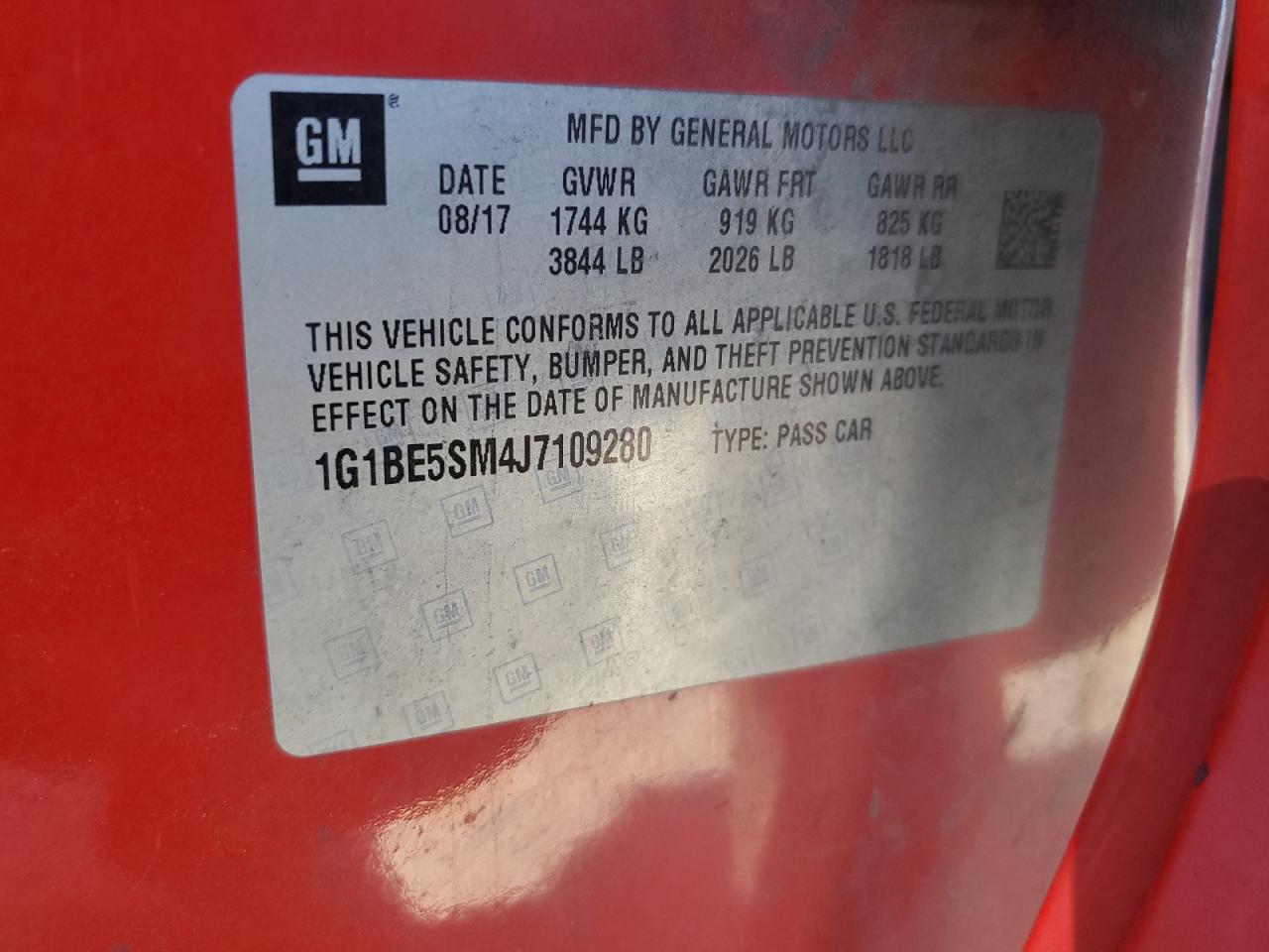 2018 Chevrolet Cruze Lt VIN: 1G1BE5SM4J7109280 Lot: 82251395