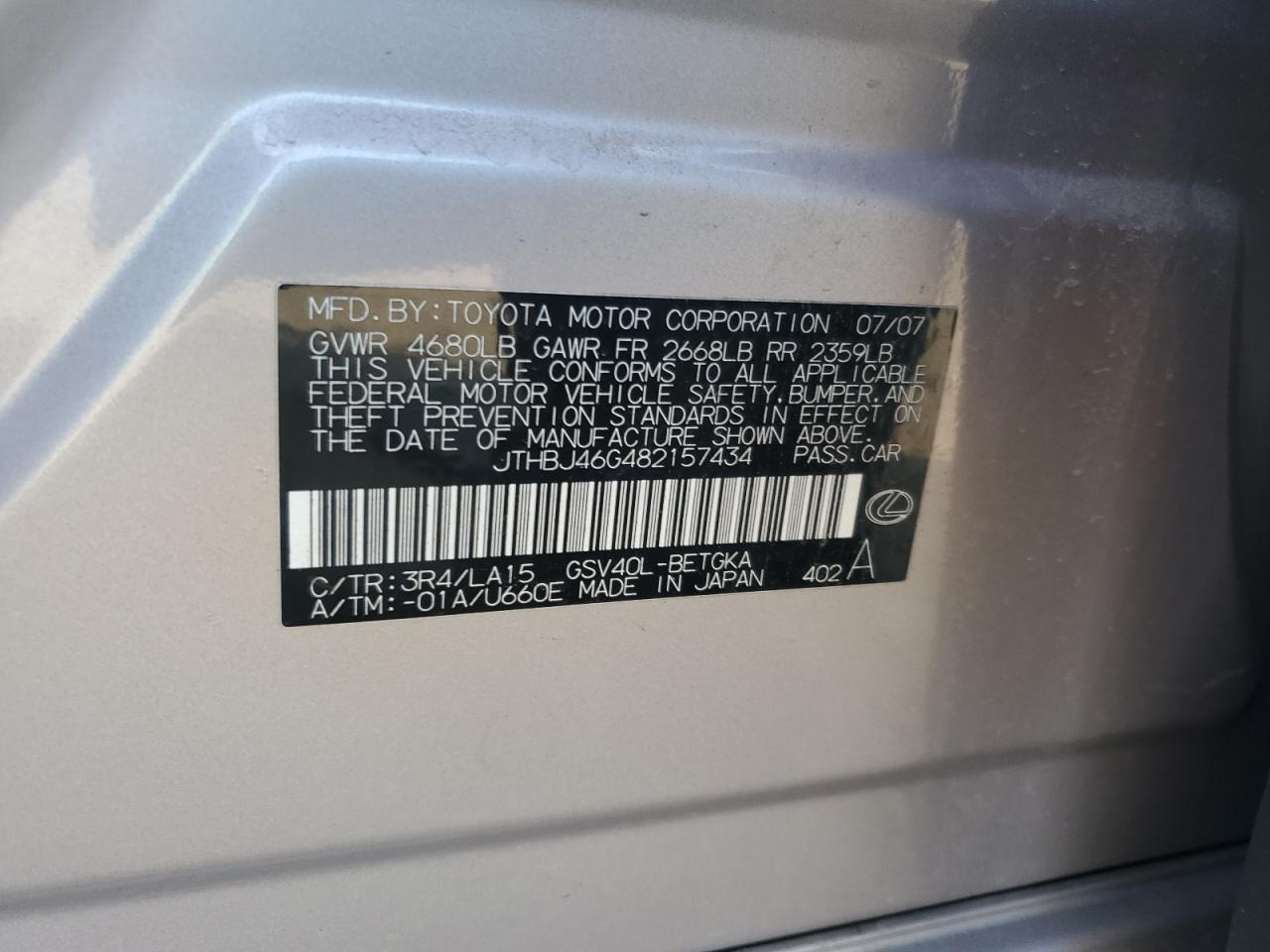 2008 Lexus Es 350 VIN: JTHBJ46G482157434 Lot: 84471605