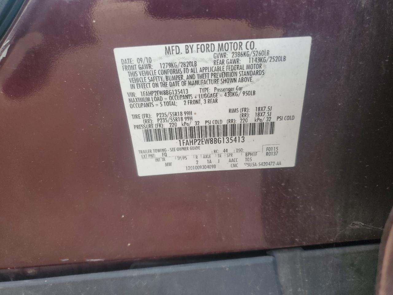 2011 Ford Taurus Sel VIN: 1FAHP2EW8BG135413 Lot: 90425785