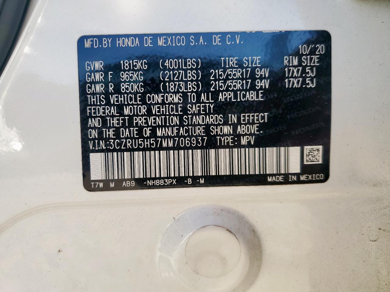 2021 Honda Hr-V Ex VIN: 3CZRU5H57MM706937 Lot: 85745575