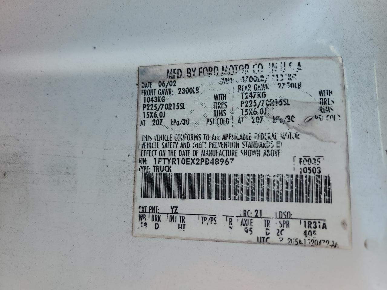 2002 Ford Ranger VIN: 1FTYR10EX2PB48967 Lot: 90131125