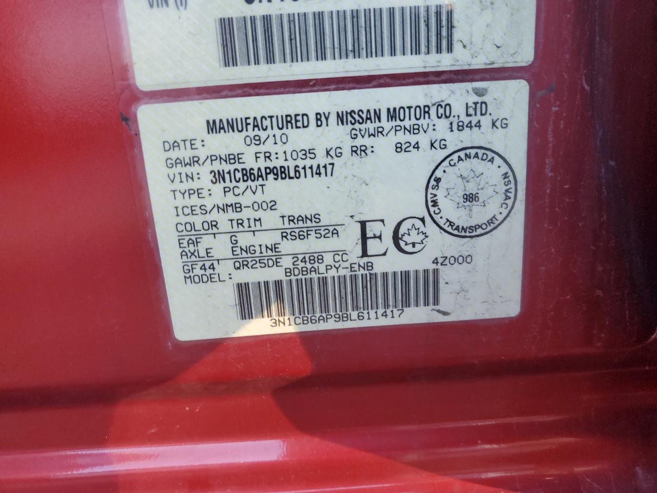 2011 Nissan Sentra Se-R Spec V VIN: 3N1CB6AP9BL611417 Lot: 86429905