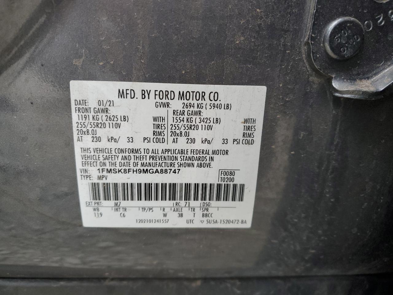 2021 Ford Explorer Limited VIN: 1FMSK8FH9MGA88747 Lot: 82313275