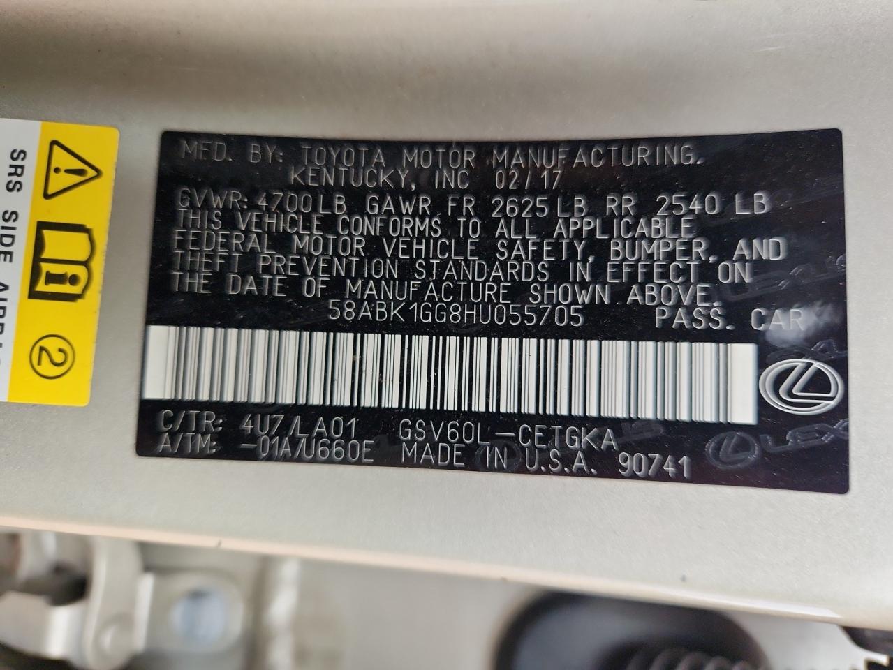 2017 Lexus Es 350 VIN: 58ABK1GG8HU055705 Lot: 85724265