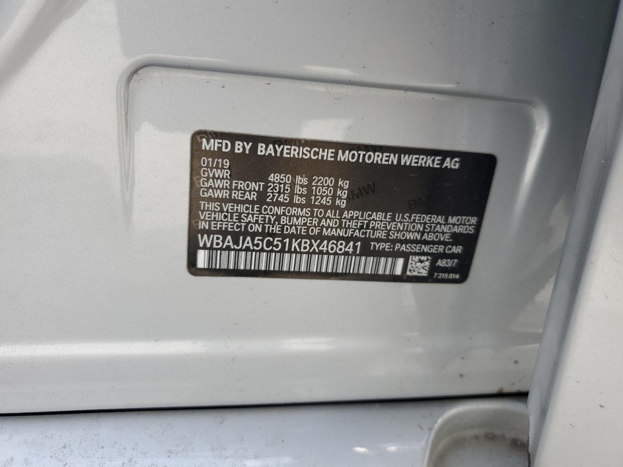 2019 BMW 530 I VIN: WBAJA5C51KBX46841 Lot: 86274985