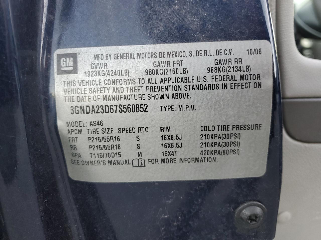 2007 Chevrolet Hhr Lt VIN: 3GNDA23D67S560852 Lot: 85412235