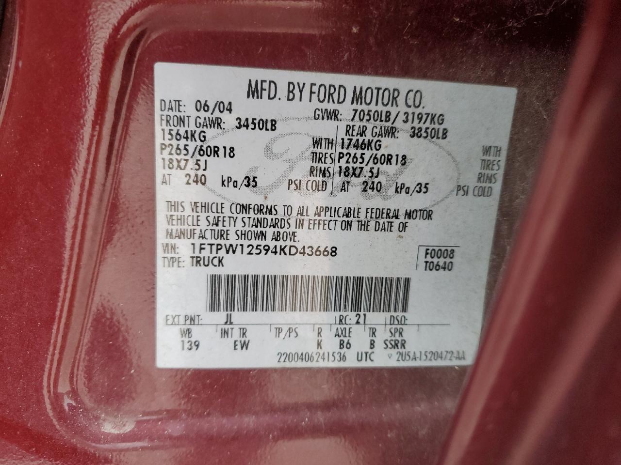 2004 Ford F150 Supercrew VIN: 1FTPW12594KD43668 Lot: 90548645