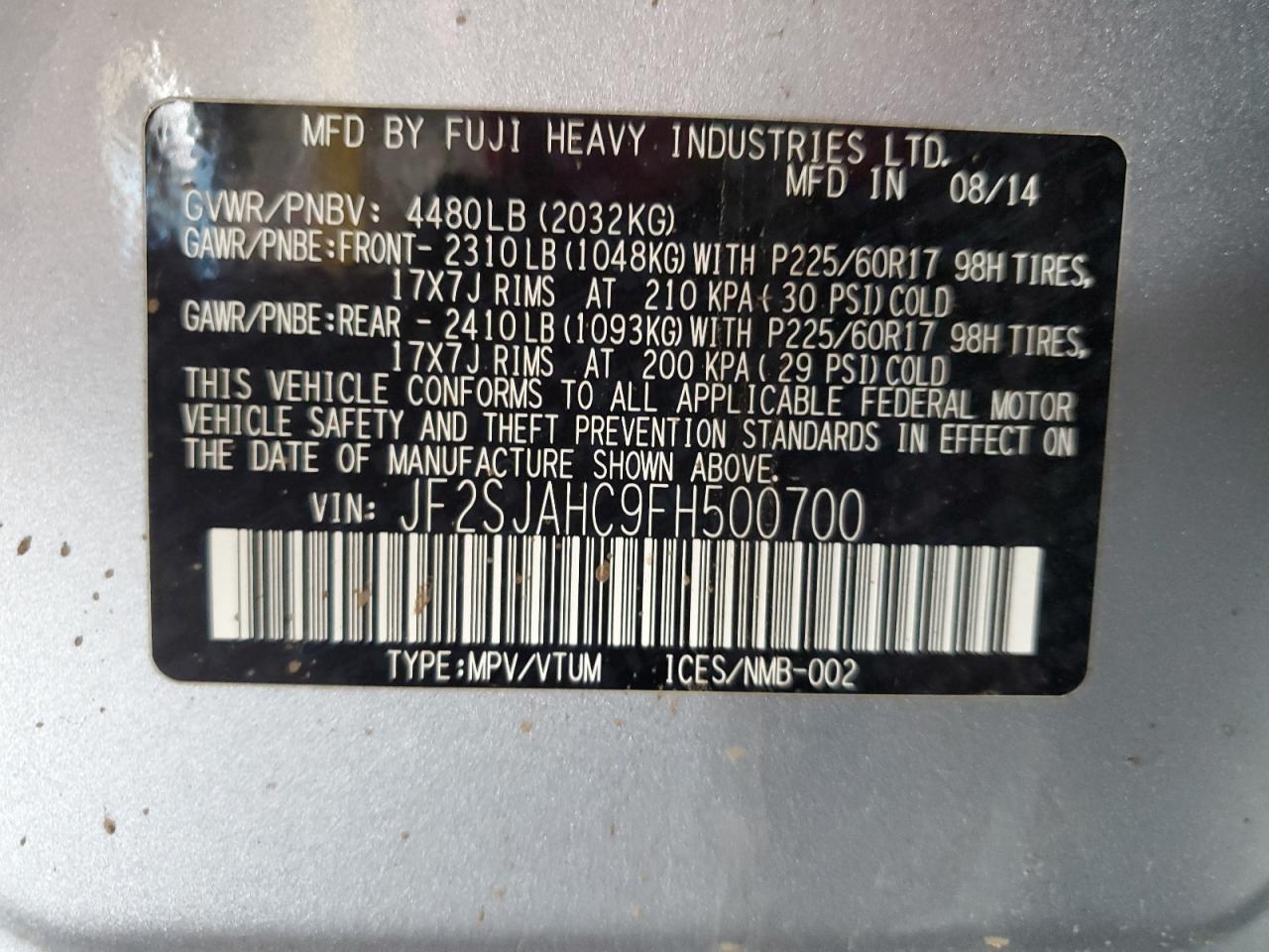 2015 Subaru Forester 2.5I Limited VIN: JF2SJAHC9FH500700 Lot: 85561065