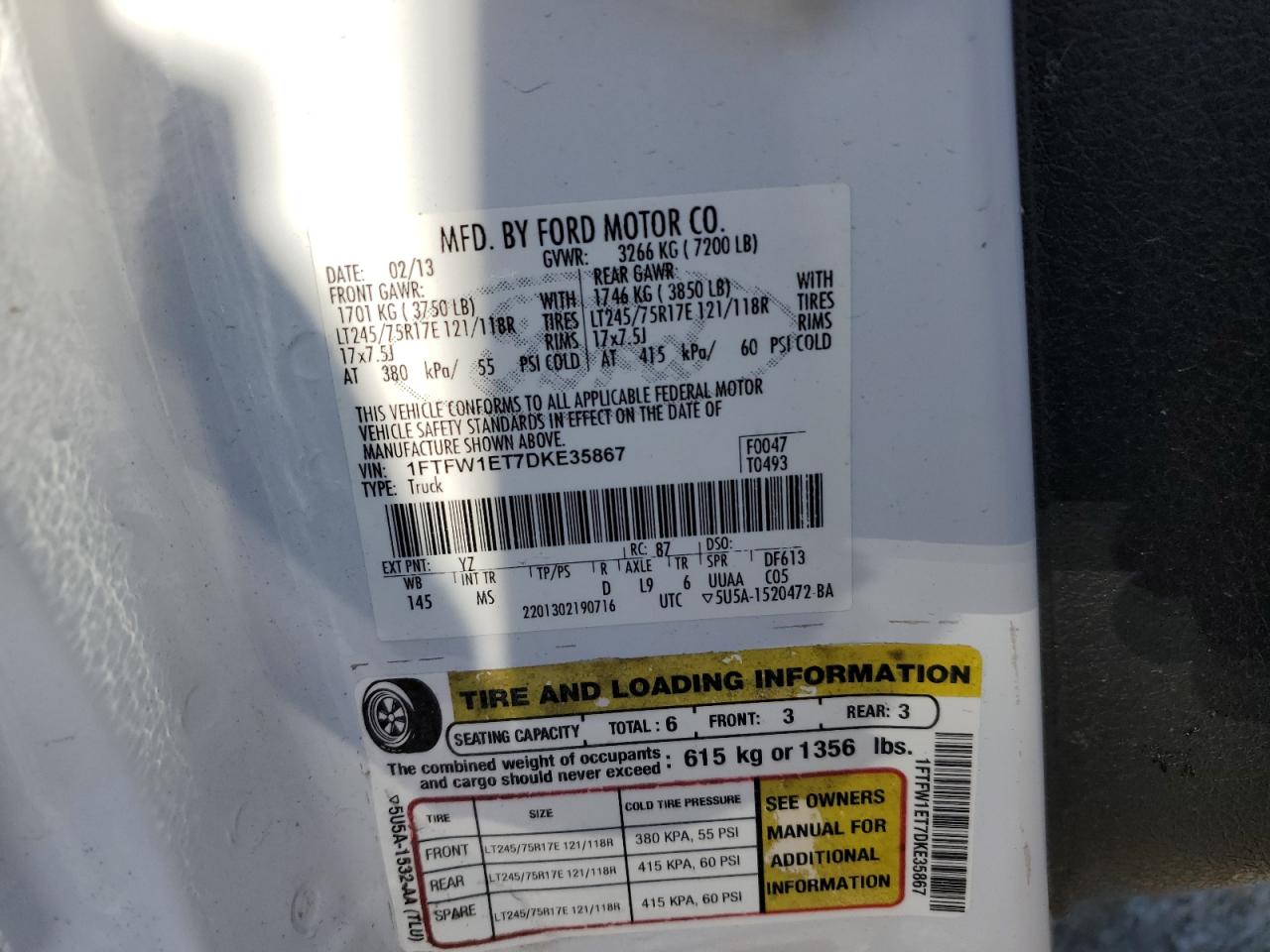 2013 Ford F150 Supercrew VIN: 1FTFW1ET7DKE35867 Lot: 86255025