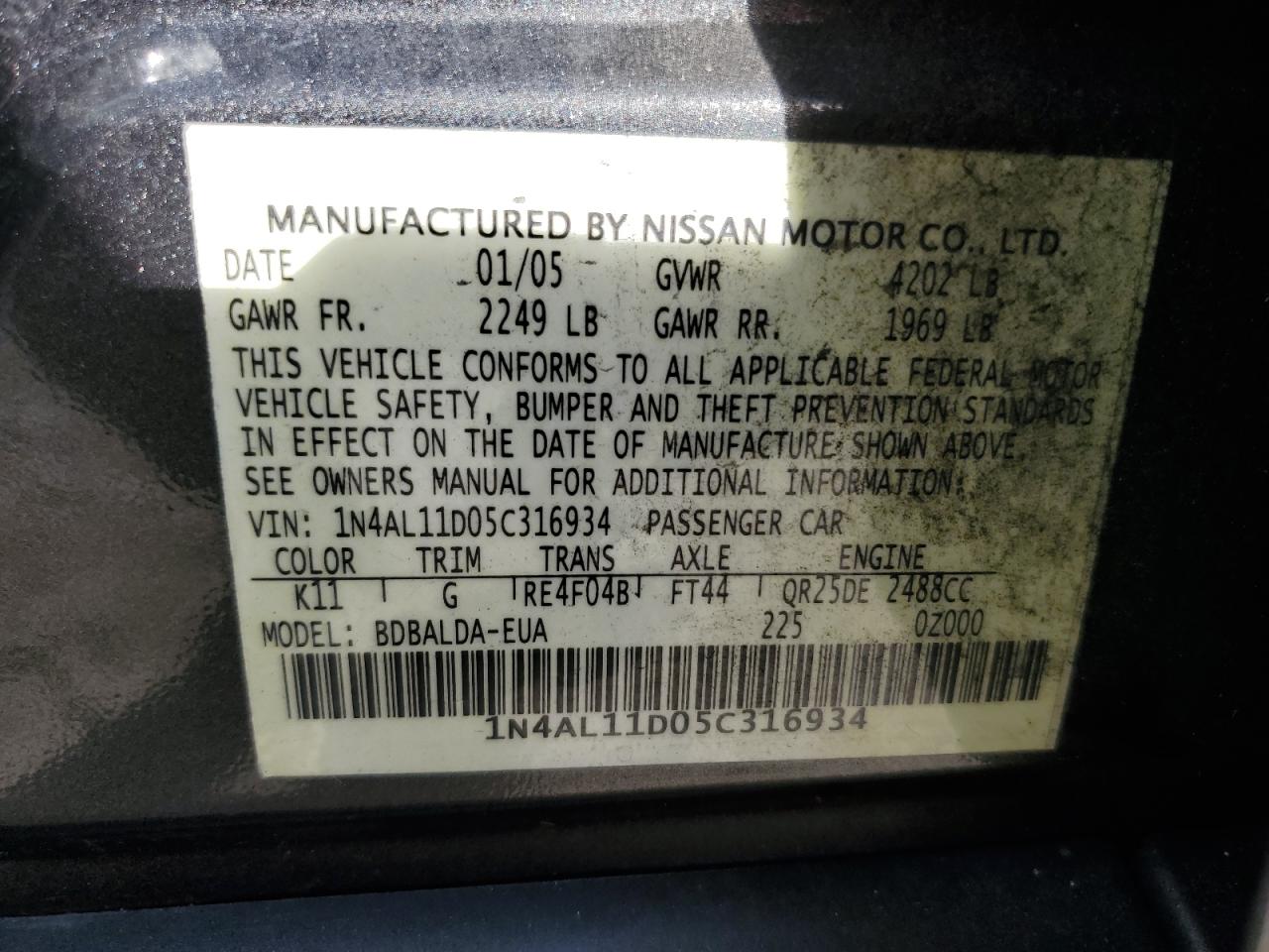 2005 Nissan Altima S VIN: 1N4AL11D05C316934 Lot: 82379115