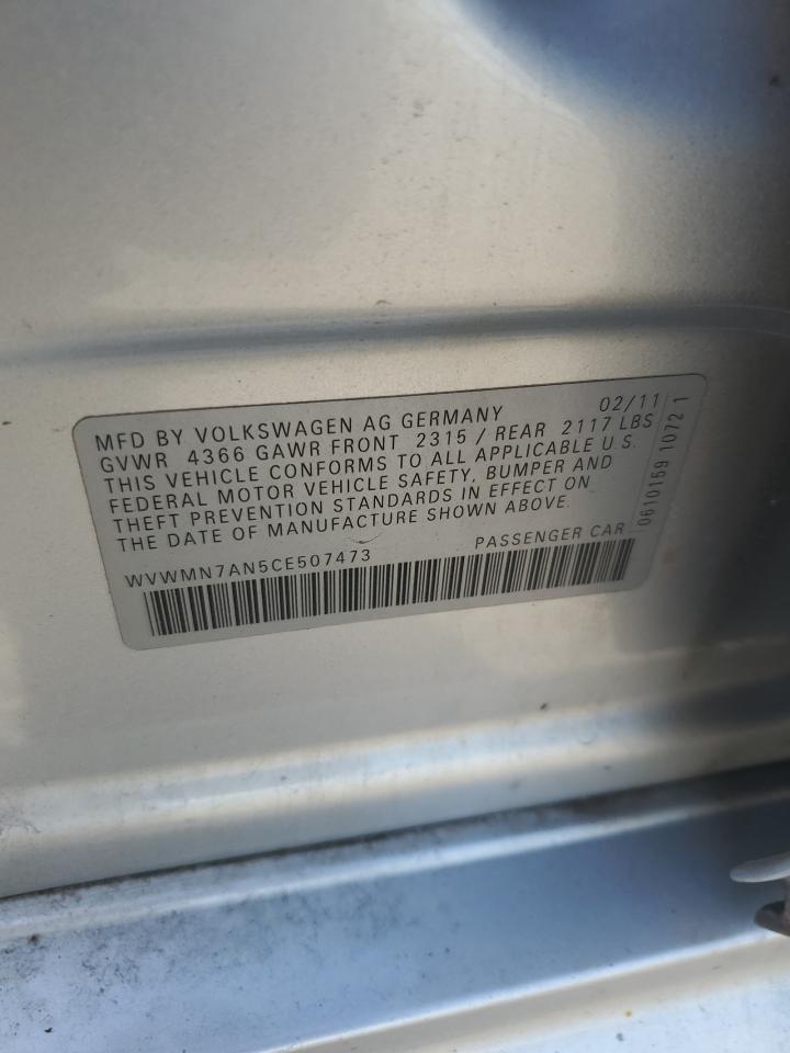 2012 Volkswagen Cc Sport VIN: WVWMN7AN5CE507473 Lot: 84710715