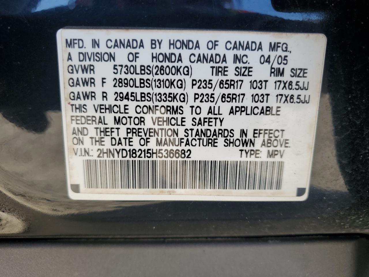 2005 Acura Mdx VIN: 2HNYD18215H536682 Lot: 85581975