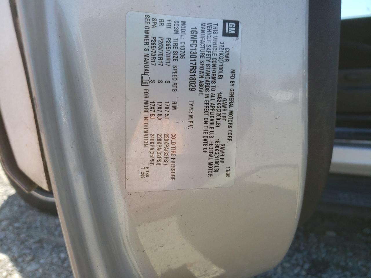 2007 Chevrolet Tahoe C1500 VIN: 1GNFC13017R318029 Lot: 85389315